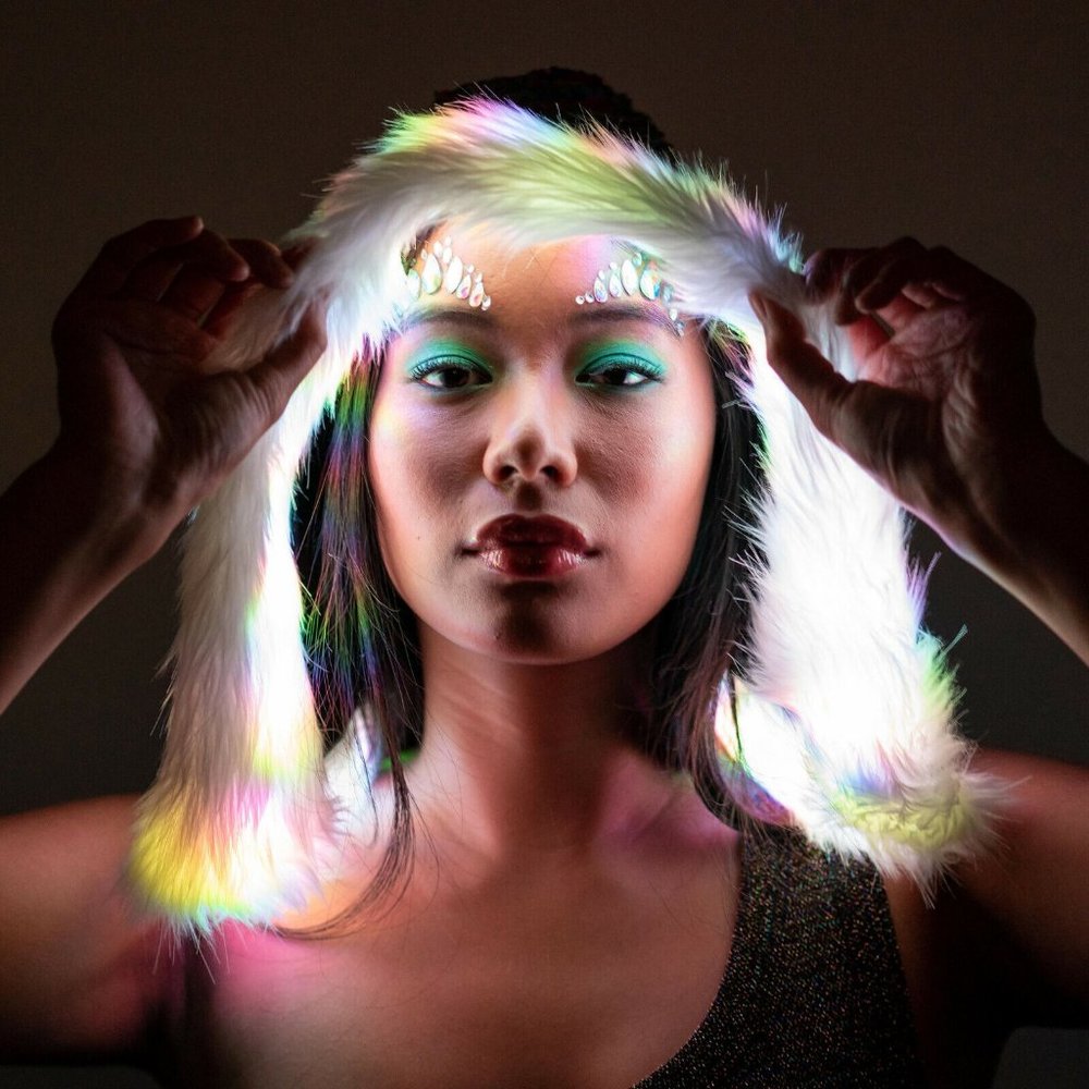 LED Rainbow Fur Hood Blackight Reactive 20+ Color Changing Modes w/ Remote NWT